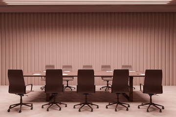 Front view on modern meeting room with conference table surrounded by office chairs on light floor, retro effect. 3D rendering