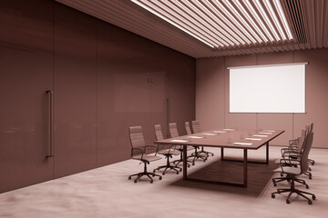 Perspective view on blank white poster on brown wall in spacious conference room with led lamps on top, big meeting table surrounded by office chairs. 3D rendering, mockup