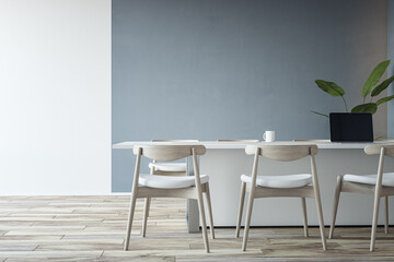 Front view on big white table with modern laptop and light chairs around on wooden floor and grey wall background. 3D rendering - obrazy, fototapety, plakaty