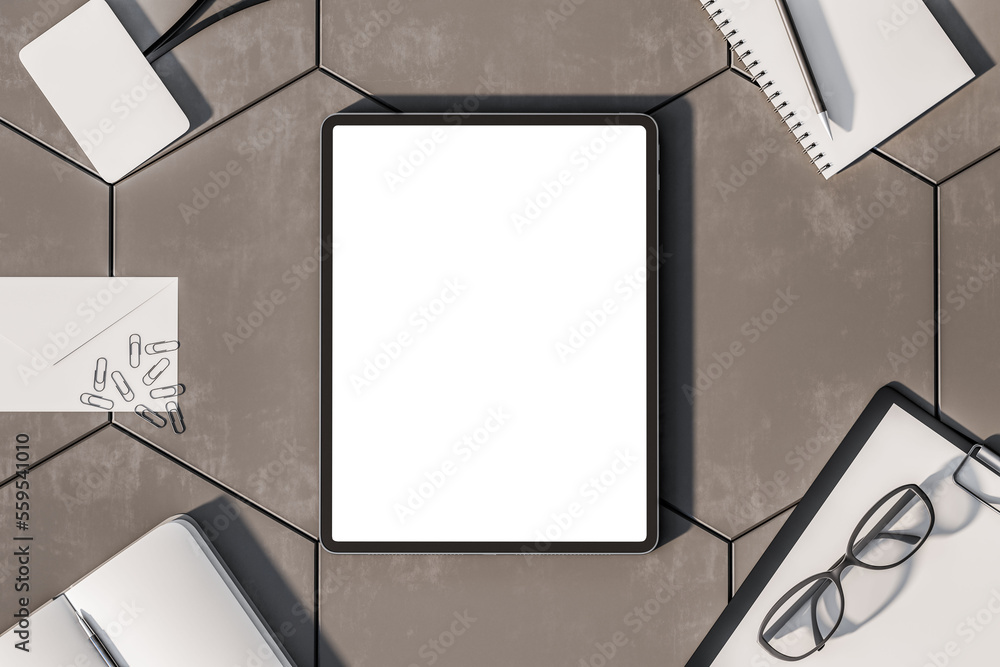 Poster top view on blank white digital tablet screen with place for your advertising logo or text on grey c