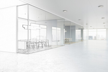 Side view on modern office interior design development with meeting room behind glass wall, light glossy floor and city view from panoramic window in corridor. 3D rendering