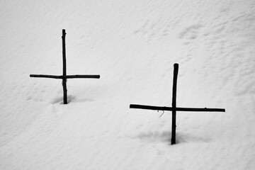 two crosses for two dead rabbits in the snow