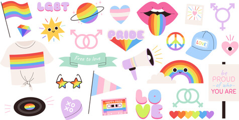 Lgbtq pride badges, gay symbols stickers design. Trans-gay symbols set, hearts, flags and rainbow. Queer sex person icons, racy vector patches