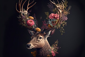 beautiful dear with big antler and flower