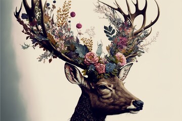 beautiful dear with big antler and flower