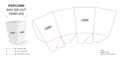 Popcorn box die cut template with 3D blank vector mockup for 32 ounce