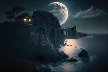 Night mountain landscape with a bridge on a high mountain, big moon, neon light, mountains, ocean coast, night view. AI