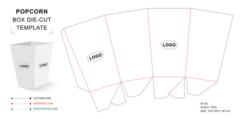 Popcorn box 64 ounce die cut template with 3D blank vector mockup for food packaging