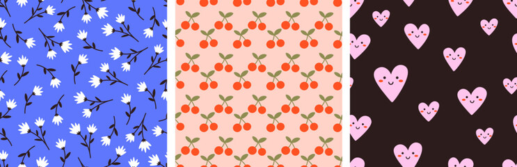 Simple cute seamless pattern, flowers hearts and cherry. Sweet berry dress print, heart with face and floral textile template. Vector fashion background set