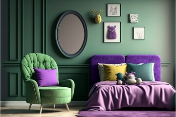 Fancy room interior green and purple