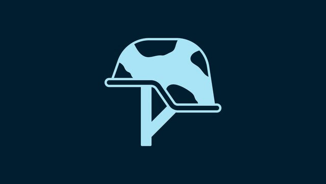 White Military helmet icon isolated on blue background. Army hat symbol of defense and protect. Protective hat. 4K Video motion graphic animation