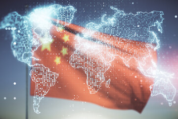 Multi exposure of abstract graphic world map on Chinese flag and sunset sky background, big data and networking concept