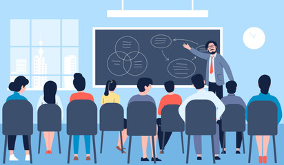 Lecture teaching company. Speakers course or curriculum, business conference presentation. School students classroom or hall, recent vector lesson - obrazy, fototapety, plakaty
