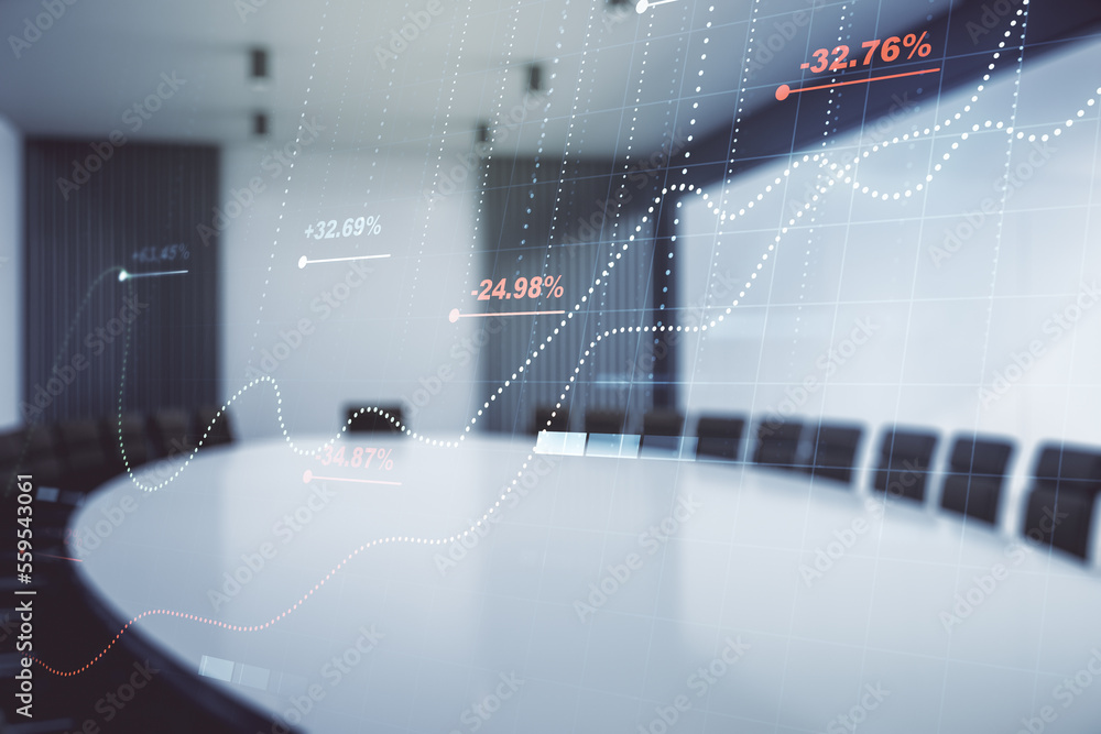 Aufkleber multi exposure of abstract statistics data hologram interface on a modern furnished office interior 