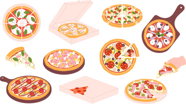 Isolated pizza set, margherita pizzas slice with cheese. Italiano pizzeria elements. Take away pizza in cardboard box, fast food racy vector clipart