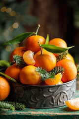 Christmas tangerines in metal box with christmas decorations on dark background. Christmas concept 