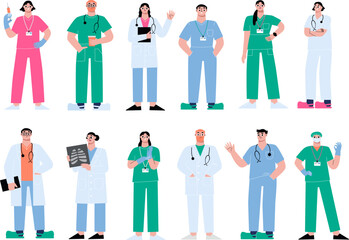 Flat cartoon different medical characters, therapist, surgeon and nurses. Hospital operating team, surgeon and first aid. Sapid clinic vector characters