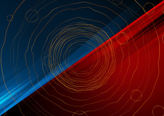 Contrast red and blue background with abstract golden wavy circles. Vector design