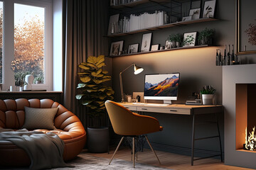 Classic modern room interior with computer for work, home office. AI