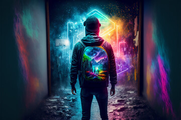 Fototapeta premium a man exploring the metaverse with augmented reality, digital illustration, generative ai