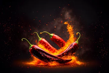 Fotobehang Red hot chili pepper burns on black background. ai generated © Areerat