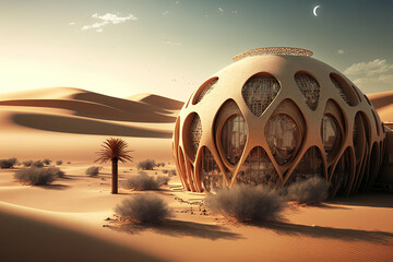 Desert architecture with traditional Arabic oriental motifs. Abstract buildings in the desert. City in the desert, sands. AI - obrazy, fototapety, plakaty