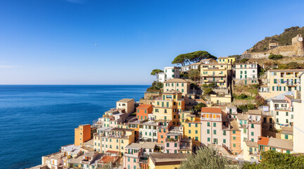 Obraz premium Colorful apartment homes in touristic town, Riomaggiore, Italy. Cinque Terre National Park