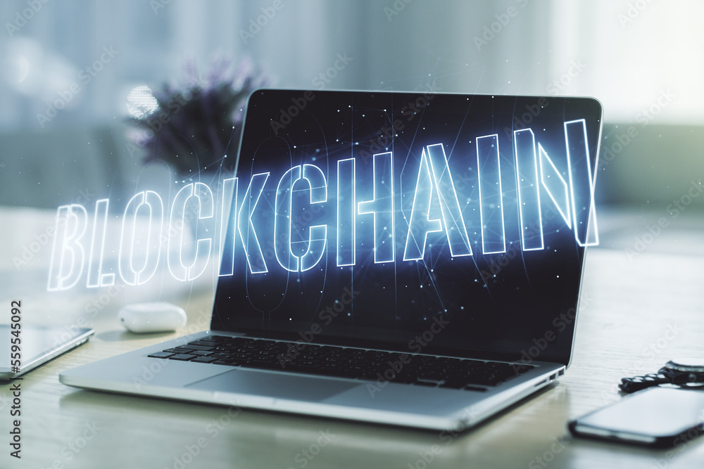 Aufkleber creative abstract blockchain technology sketch on modern laptop background, future technology and bl