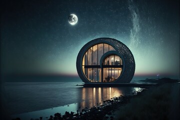 Night seascape with a house on the shore. Big moon, abstract architecture, neon illumination, fantasy landscape. AI