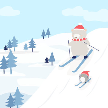 Vector character with a bear and a penguin skiing on the snow