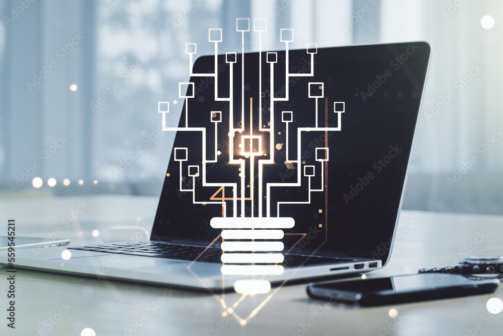 Poster creative idea concept with light bulb and microcircuit illustration on modern laptop background. neu