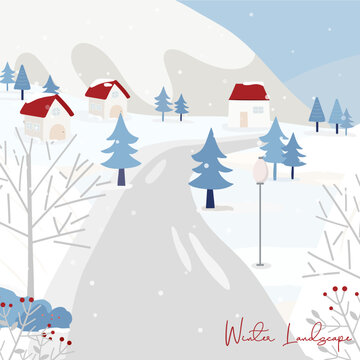 vector of Houses, roads and snow-covered forests
