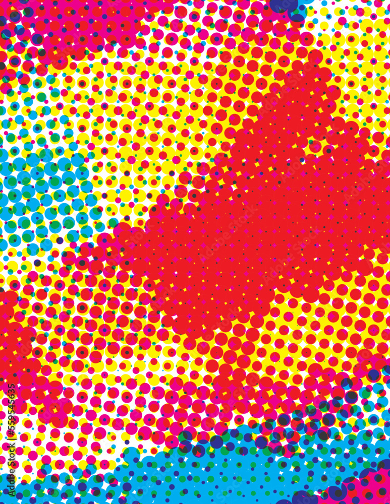 Poster artistic halftone pattern with red, blue and yellow dots. vertical background