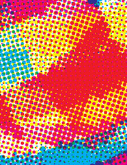 Artistic halftone pattern with red, blue and yellow dots. Vertical background