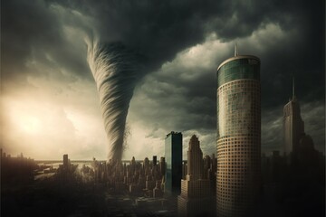 Tornado among city skyscrapers, created with Generative AI technology