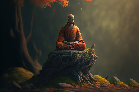 Buddhist monk meditating in nature created using Generative AI technology.