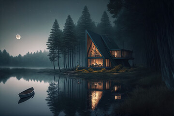 Night forest landscape with a house on the bank of the river. Moonlight, neon illumination, fantasy landscape, fog. AI