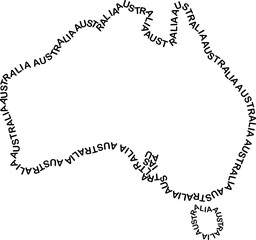 Australia map country along contour of recurring english black words name of state