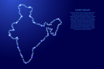 India map country along contour of recurring english blue words name of state and glowing space stars