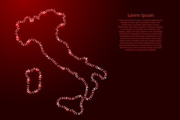 Italy map country along contour of recurring english red words name of state and glowing space stars