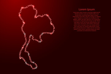 Thailand map country along contour of recurring english red words name of state and glowing space stars