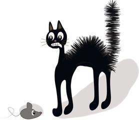 Crazy cat, vector illustration, cartoon style, cat was scared of mouse. Big black bristling cat and little mouse