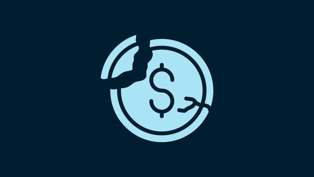 White Dollar rate decrease icon isolated on blue background. Cost reduction. Money symbol with down arrow. Business lost crisis decrease. 4K Video motion graphic animation
