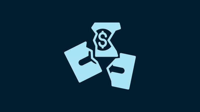 White Tearing apart money banknote into three peaces icon isolated on blue background. 4K Video motion graphic animation
