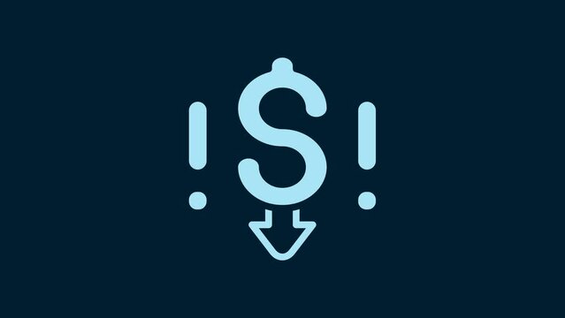 White Dollar rate decrease icon isolated on blue background. Cost reduction. Money symbol with down arrow. Business lost crisis decrease. 4K Video motion graphic animation