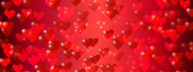 Happy Valentine Day design hearts with bokeh on red background. Abstract banner background. You can use for Happy Birthday, Anniversary, party, Wedding etc.