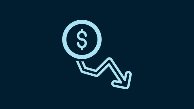 White Dollar rate decrease icon isolated on blue background. Cost reduction. Money symbol with down arrow. Business lost crisis decrease. 4K Video motion graphic animation