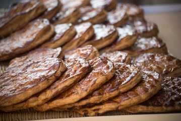 Closeup of king cakes in a bakery showroom