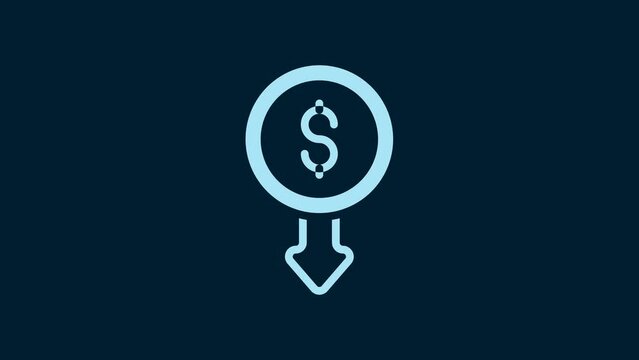 White Dollar rate decrease icon isolated on blue background. Cost reduction. Money symbol with down arrow. Business lost crisis decrease. 4K Video motion graphic animation