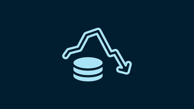 White Dollar rate decrease icon isolated on blue background. Cost reduction. Money symbol with down arrow. Business lost crisis decrease. 4K Video motion graphic animation
